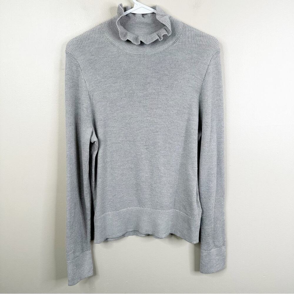 NEW J. Crew Merino Wool Sweater Womens L Gray Silver Metallic Ruffle Mock Neck